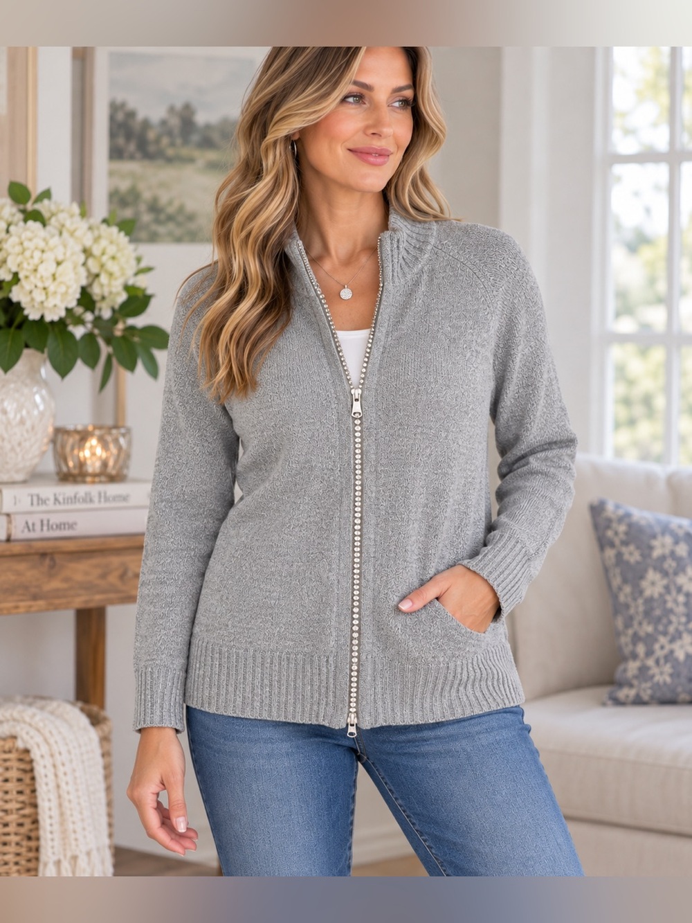 Quacker Factory Light Gray Zip-Front Knit Cardigan
